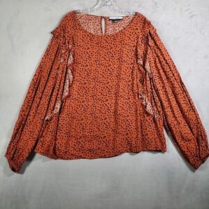 Eloquii Top Womens 20 Orange Black Ditsy Print Ruffle Bishop Sleeve Boho Peasant